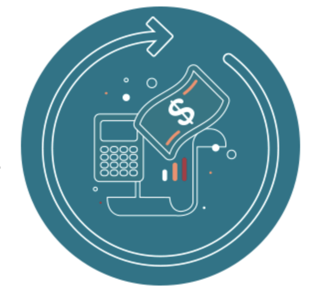 A graphic showing a circular arrow surrounding a calculator, paper currency, and a document containing a chart.